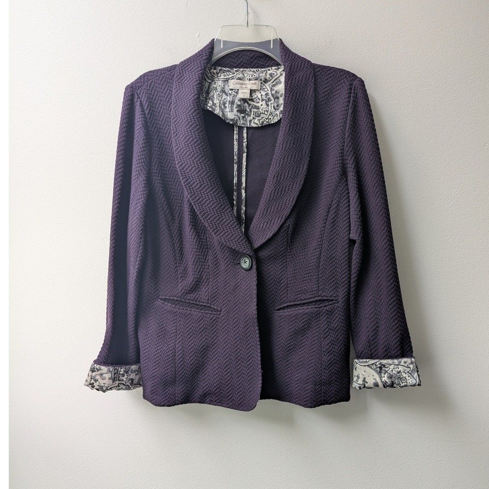 Coldwater Creek Single Button Blazer Dark Purple Textured Shawl Collar Sz 8